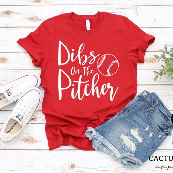 Dibs On The Pitcher Baseball or Softball Short Sleeve Shirt, V-Neck or Long Sleeve T-Shirt, Baseball Mom Dad Number One Fan Shirt