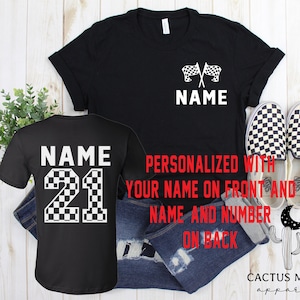 May include: Black t-shirt with a checkered flag design and the text "NAME" on the front. The back of the shirt has the text "NAME" and the number "21" in a checkered flag design. The shirt is personalized with your name and number.