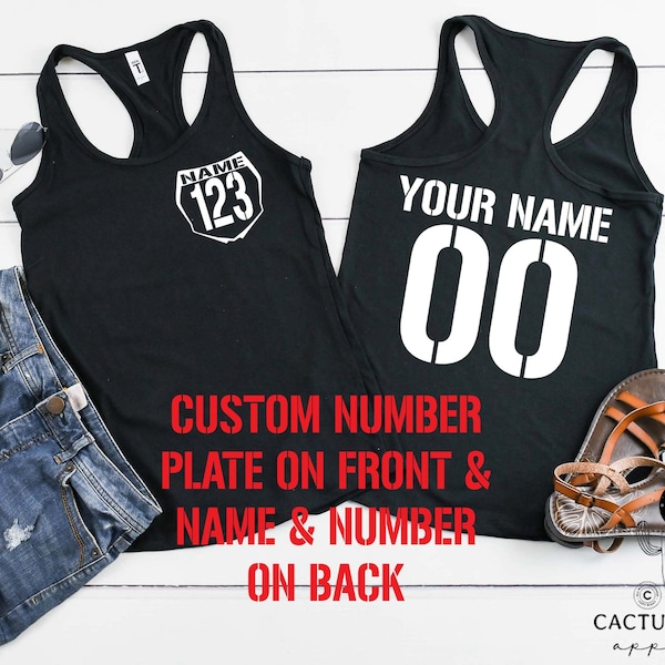 Ladies Personalized Number Plate Front and Name and Number Back Racerback Tank Top, Scoopneck Shirt, V-Neck Shirt, or Muscle Tank, Moto Race