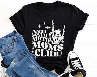 Anti Social Moto Moms Club Shirt, Short Sleeve, V-Neck or Long Sleeve T-Shirt, Rad Moto Mama Skeleton Hand Dirt Bike Race Day Shirts