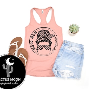 Moto Mom #dirtbikelife Messy Bun Girl Tank Top or Scoopneck or V-Neck Shirt, Dirt Bike Life Race Mom Race Day Tank Top