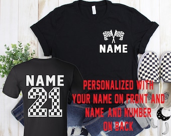 Personalized Checkered Flag Name and Number Front and Back, Adult Short or Long Sleeve or Youth or Toddler Short Sleeve Race Numbers Shirt