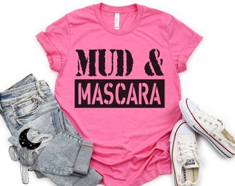 Boue et mascara T-shirt unisexe à manches courtes, col en V ou manches longues, Dirt Bike UTV SxS côte à côte Dirt Bike Offroad Riding Mudding Mud Run