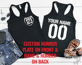 Ladies Personalized Number Plate Front and Name and Number Back Racerback Tank Top, Scoopneck Shirt, V-Neck Shirt, or Muscle Tank, Moto Race