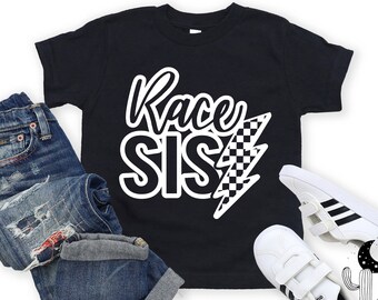 Race Sis With Checkered Lightning Bolt Baby Bodysuit or Toddler, Youth or Adult Shirt, Dirt Bike MX BMX Go Kart Stock Car Race Sister Shirts