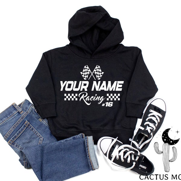 Kids Personalized Your Name Number Hooded Sweatshirt Personalized With Your Name and Number, Youth or Toddler Size Race Day Hoodie