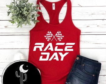 Race Day With Checkered Flags Ladies Tank Top or Scoopneck or V-Neck Shirt, Dirt Bike Motocross Stock Car Drag Car Go Kart Racing Race Day