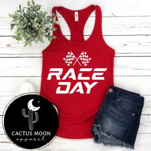 Race Day With Checkered Flags Ladies Tank Top or Scoopneck or V-Neck Shirt, Dirt Bike Motocross Stock Car Drag Car Go Kart Racing Race Day