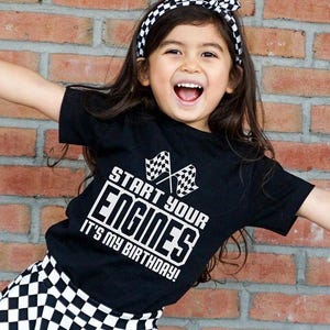 Kids Start Your Engines It&#39;s My Birthday With Checkered Flags Infant Bodysuit, Toddler or Youth Shirt, Kids or Baby Race Themed Birthday Tee