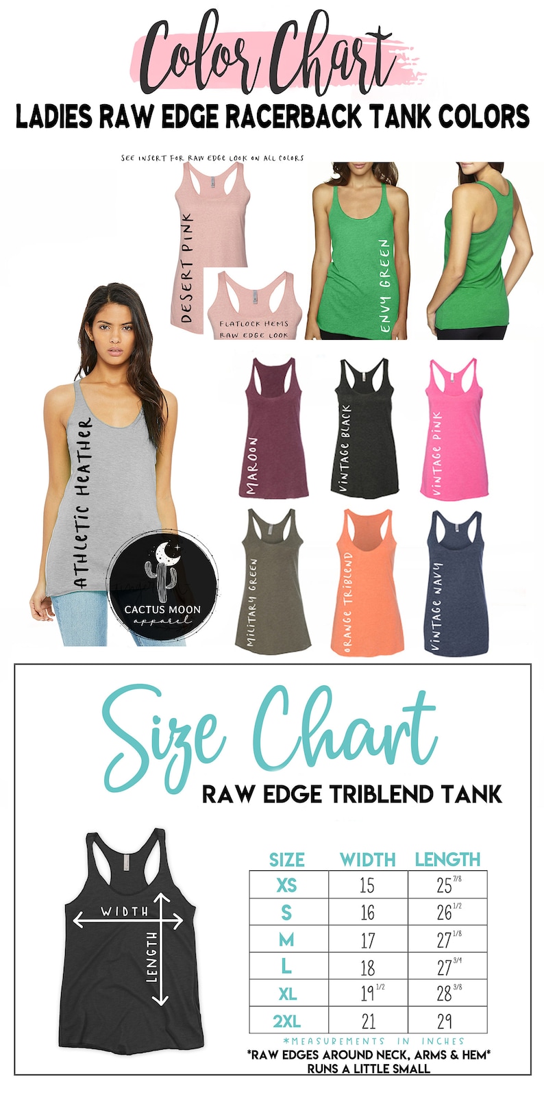 May include: Color chart for ladies raw edge racerback tank tops in various colors, including athletic heather, desert pink, maroon, vintage black, envy green, military green, orange triblend, vintage navy, and vintage pink. The chart also includes a size chart for raw edge triblend tank tops with measurements in inches for width and length.