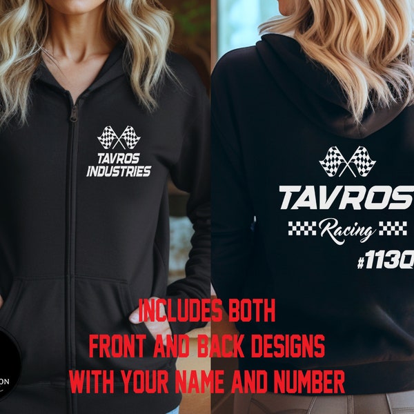 Custom Your Name Racing Full Zippered Hooded Sweatshirt, Personalized with Your Name or Racing Team Name on Front, Name and Number on Back