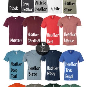 May include: A chart showing the different color options for adult unisex V-neck short sleeve shirts. The colors include black, dark grey heather, athletic heather, white, heather stone, maroon, heather cardinal, heather red, heather mauve, heather deep teal, heather slate, heather navy, heather true royal, orange, military green, and forest green.