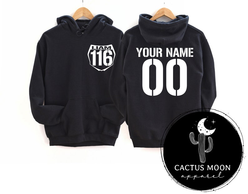 Number Plate Front Name and Number Back Hooded Sweatshirt, Adult Hoodie or Crewneck Sweatshirt Name and Number Moto Dirt Bike Racer image 1