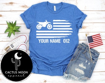 Dirt Bike American Flag Shirt Personalized With Your Name and Number, Crew Neck V-Neck or Long Sleeve Moto Dirt Bike Race Day Shirt