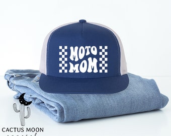 Moto Mom Snapback Trucker Hat, Adult Adjustable Custom Racing Flat Bill Trucker Hat, Pit Crew Hat, Moto Mom Race Day Hat