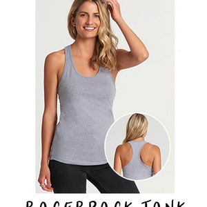 May include: A heather gray racerback tank top with a scoop neck. The tank top is shown on a model from the front and back.