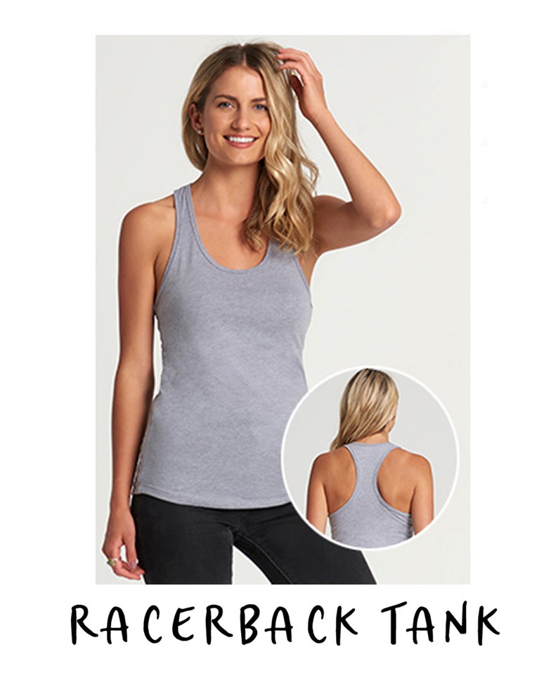 May include: A heather gray racerback tank top with a scoop neck. The tank top is shown on a model from the front and back.
