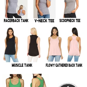 May include: A graphic showing different styles of women's tank tops and t-shirts. The styles include racerback, v-neck, scoopneck, muscle, flowy gathered back, and raw edge racerback. The graphic also includes the text "LADIES TANK AND TEE STYLE OPTIONS" and "CACTUS MOON apparel".
