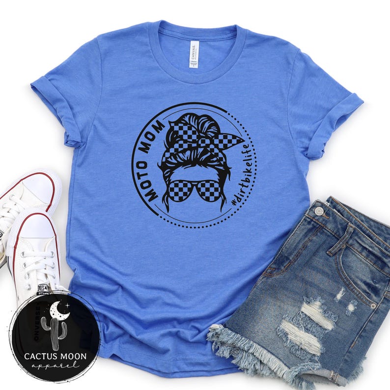 Moto Mom #dirtbikelife Messy Bun Girl T-Shirt | Dirt Bike Race Mom Short Sleeve, V-Neck or Long Sleeve Tee image 1