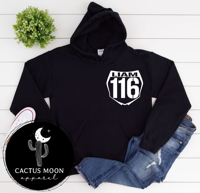 Number Plate Front Name and Number Back Hooded Sweatshirt, Adult Hoodie or Crewneck Sweatshirt Name and Number Moto Dirt Bike Racer image 2