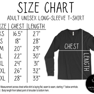 May include: Size chart for adult unisex long-sleeve t-shirts. The chart shows chest and length measurements in inches for sizes XS to 3XL.