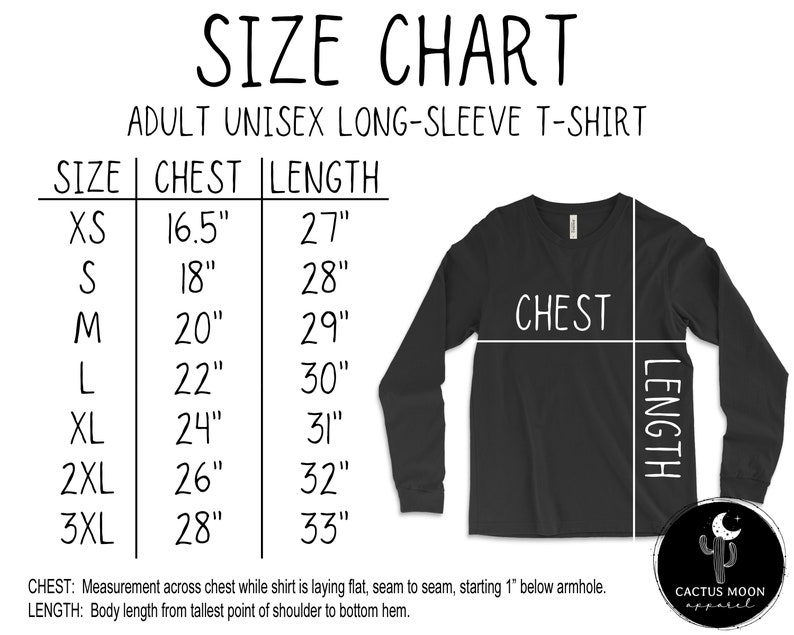 May include: Size chart for adult unisex long-sleeve t-shirts. The chart shows chest and length measurements in inches for sizes XS to 3XL.