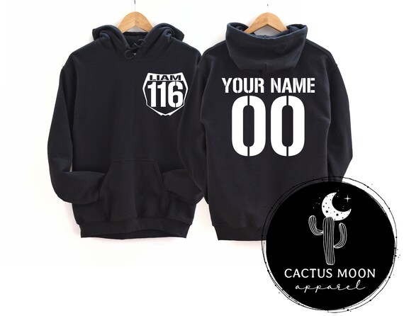 CactusMoonApparel Number Plate Front Name and Number Back Hooded Sweatshirt, Adult Hoodie or Crewneck Sweatshirt Name and Number Moto Dirt Bike Racer