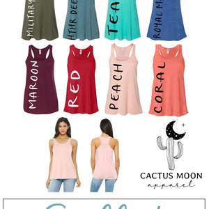 May include: Color chart showing different colors of flowy gathered back tank tops. The size chart shows measurements in inches for XS, S, M, L, XL, and 2XL sizes. The text "Gathered Back Flowy Style" is at the bottom of the chart.