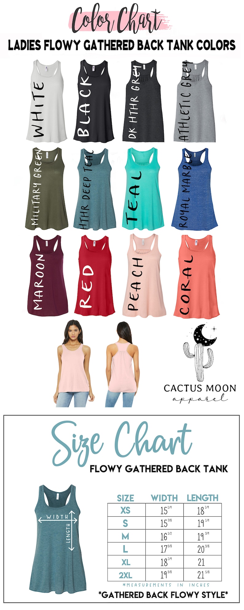 May include: Color chart showing different colors of flowy gathered back tank tops. The size chart shows measurements in inches for XS, S, M, L, XL, and 2XL sizes. The text "Gathered Back Flowy Style" is at the bottom of the chart.