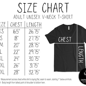 May include: Size chart for adult unisex v-neck t-shirts. The chart shows sizes XS through 3XL with corresponding chest and length measurements in inches.