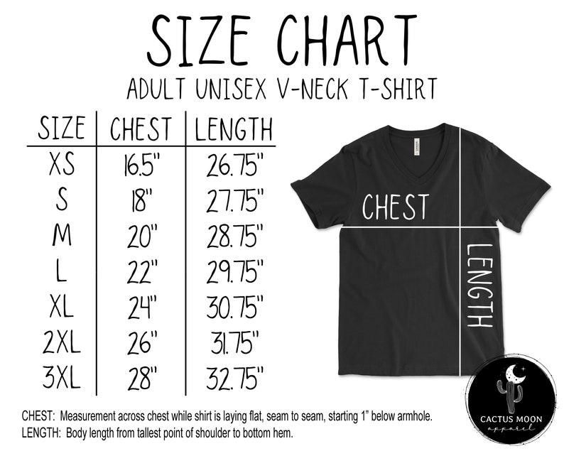 May include: Size chart for adult unisex v-neck t-shirts. The chart shows sizes XS through 3XL with corresponding chest and length measurements in inches.