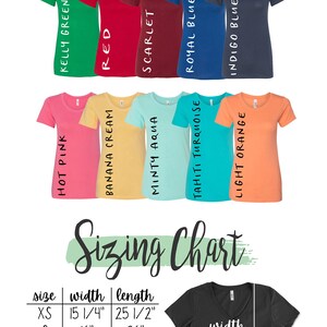 May include: A sizing chart for scoop neck and V-neck t-shirts with a color chart showing 12 different colors. The sizing chart shows the width and length measurements in inches for sizes XS to 2XL. The text states that these tees run on the small side and to double check your measurements.