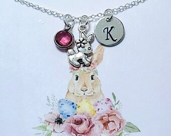 Rabbit Necklace Birthstone Sterling Silver Chain Initial Personalized  Custom Jewelry little girl Monogram gift for her Birthday Child Gift