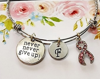 Breast Cancer Gifts, Cancer Survivor Bangle Bracelet, Awareness, Pink Ribbon, Personalized, Never Give up, Support Gifts