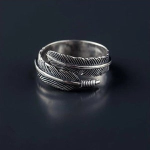925 Sterling Silver Feather Ring Bohemian Jewelry Adjustable ring