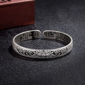 Lotus Bangle Bracelet • Lotus Bracelet for Him or Her • Sterling Silver Lotus Bracelet  •  Om • Yoga Jewelry • Buddhist Protection