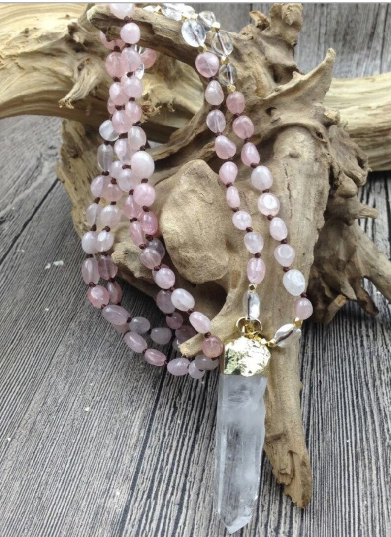 Rose Quartz Gemstone Necklace Crystal Necklace Gift Yoga Mandala Meditation Healing