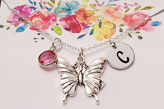 Butterfly Necklace Birthstone Sterling Silver Initial Necklace