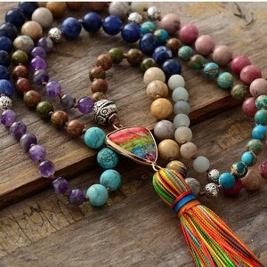 Gorgeous New Natural Stones Chakra Charm Triangle Pendant Tassel Necklaces Women Elegant Rosary Necklace Jewelry Gifts