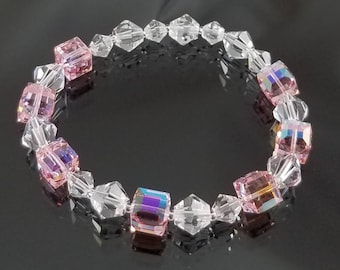 Pink Swarovski Crystal Bracelet: Rainbow Cube Beaded Accessory