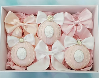 Christmas Ball Ornament Set Handmade Pink Vintage Holiday Decor
