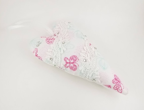 Handmade Valentine Heart: Pink Fabric, Lace & Crystal Decor