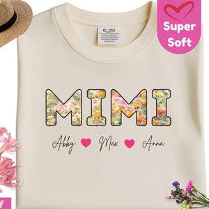 Maglietta Mimi personalizzata con nomi dei nipoti, maglietta floreale Mimi, regali Mimi, maglietta personalizzata con nomi per bambini e nonna, maglietta Mimi, maglietta per la festa della mamma