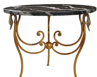 Handmade Italian Marble Side Table, Gold Leaf Iron Base, Swan Accents