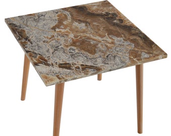 Handmade Italian Onyx Side Table, Gold Leaf Art, wooden legs.