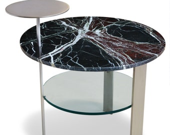 Handmade Mid-Century Modern Marble Table: Red Levanto & Stainless Steel base
