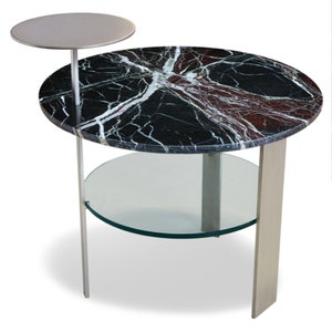Handmade Mid-Century Modern Marble Table: Red Levanto & Stainless Steel base