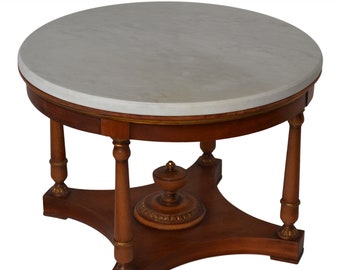 Round coffee table white marble cherrywood carved base handmade in Italy by Cupioli