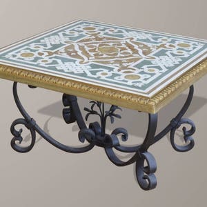 Table basse Scagliola Art, base en fer forgé et table italienne en marqueterie