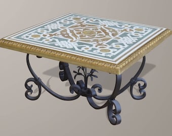 Scagliola Art Coffee Table, Wrought Iron Base and Italian Inlay Table